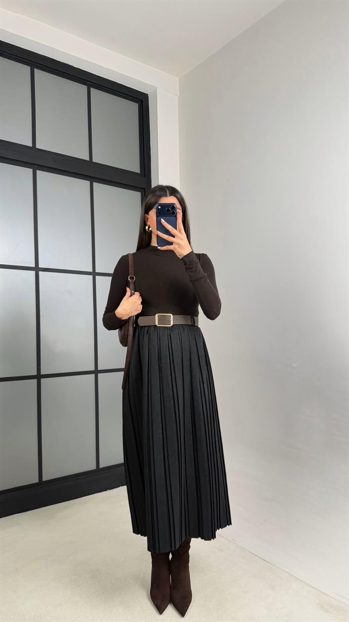 Siyah Astarlı Kemerli Süet Etek GAUS-01080