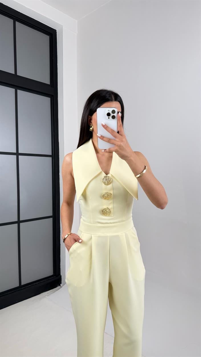 Sarı Yaka Detaylı Gold Düğmeli Cepli Tasarım Tulum Gaus00452