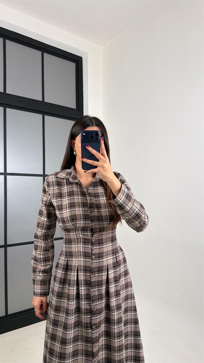 Kahve Belden Oturtmalı Ekose Elbise GAUS-00762