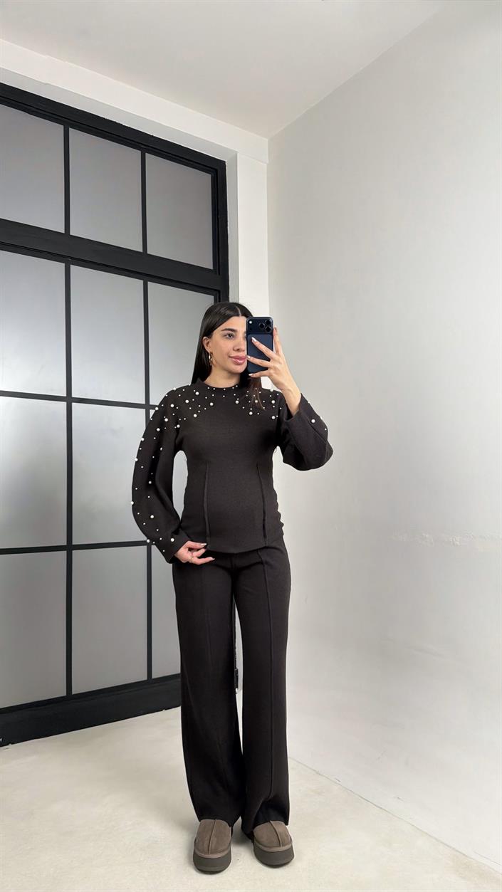 Acı Kahve İnci İşleme Detaylı Kazak Pantolon Selanik Triko Takım GAUS-01069