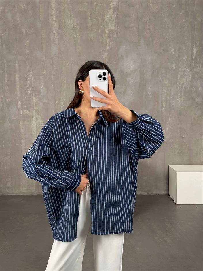 Lacivert Çizgili Oversize Gömlek Gaus0004