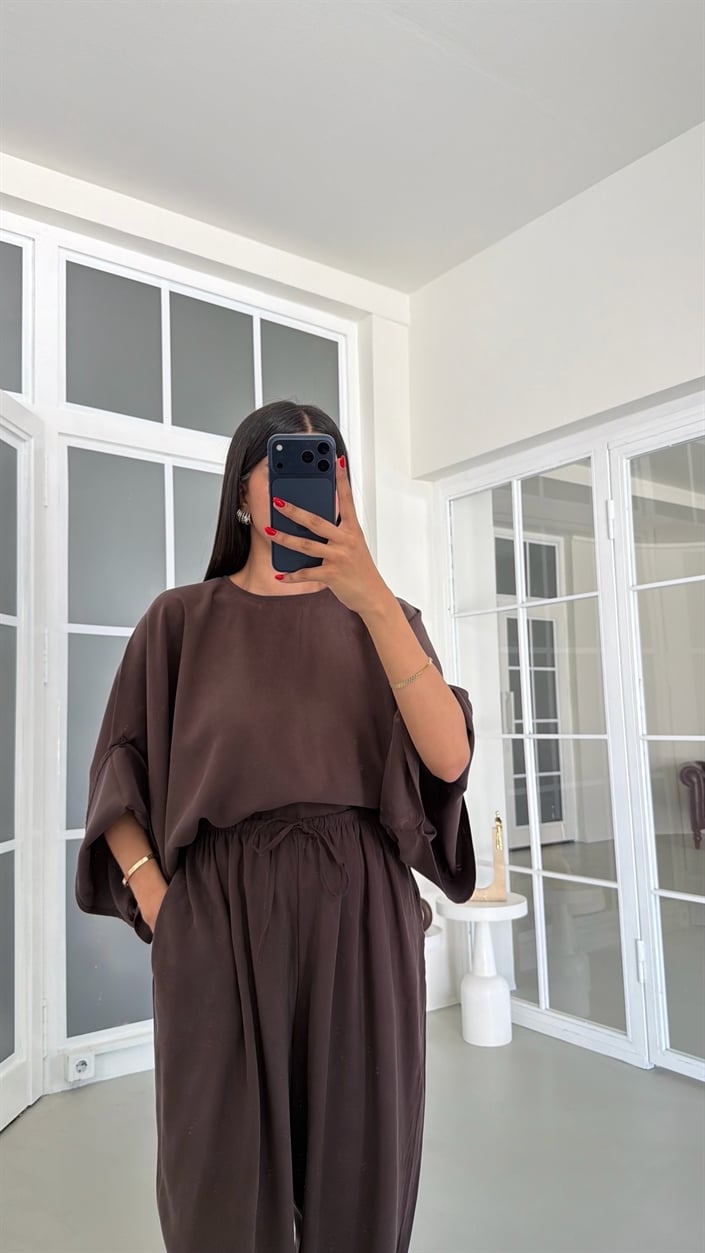 Kahve Yarasa Kol Bluz Beli Lastikli Şalvar Pantolon İkili Tencel Takım GAUS-01840