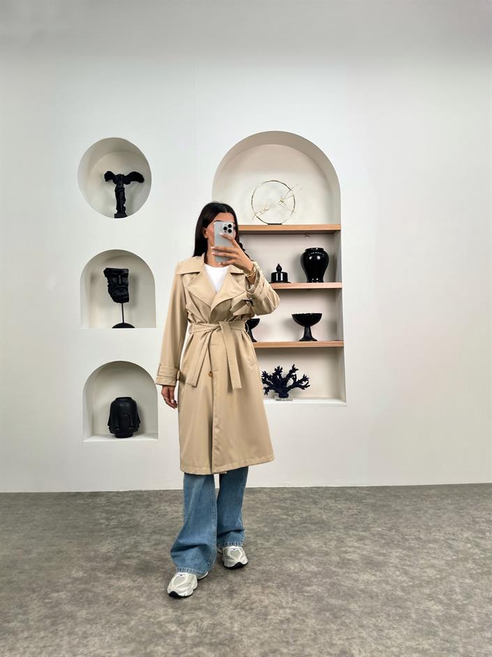 Hana Taş Premium Kemerli Astarlı Muadil Trençkot