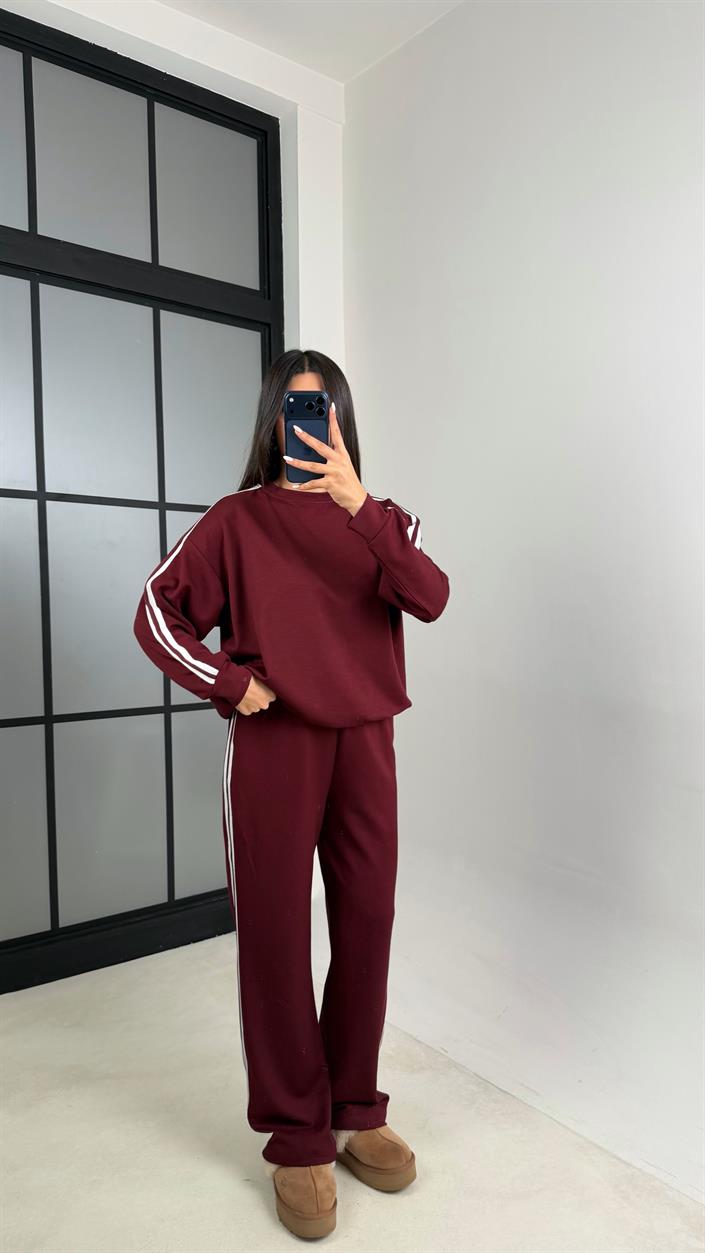 Bordo Şerit Detaylı Sweatshirt Beli Lastikli Eşofman İkili Modal Takım GAUS-00621