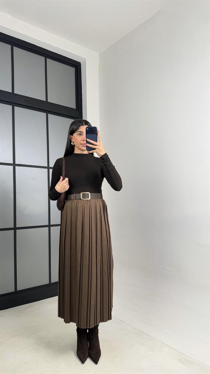 Kahve Astarlı Kemerli Süet Etek GAUS-01080