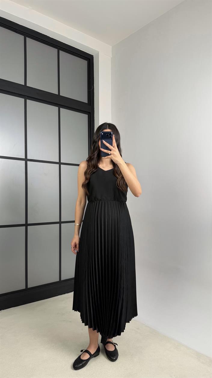 Siyah Ayarlanabilir Askılı Elbise Fermuarlı Tshirt Takıım GAUS-001156 GAUS-01157