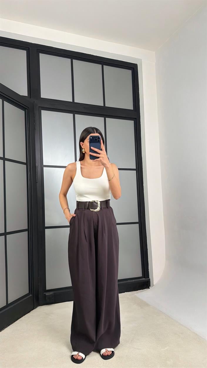 Kahve Kemerli Geniş Paça Pantolon GAUS-01339