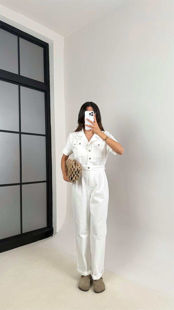 Beyaz Cep Detaylı Düğmeli İnce Denim Tulum Gaus00529