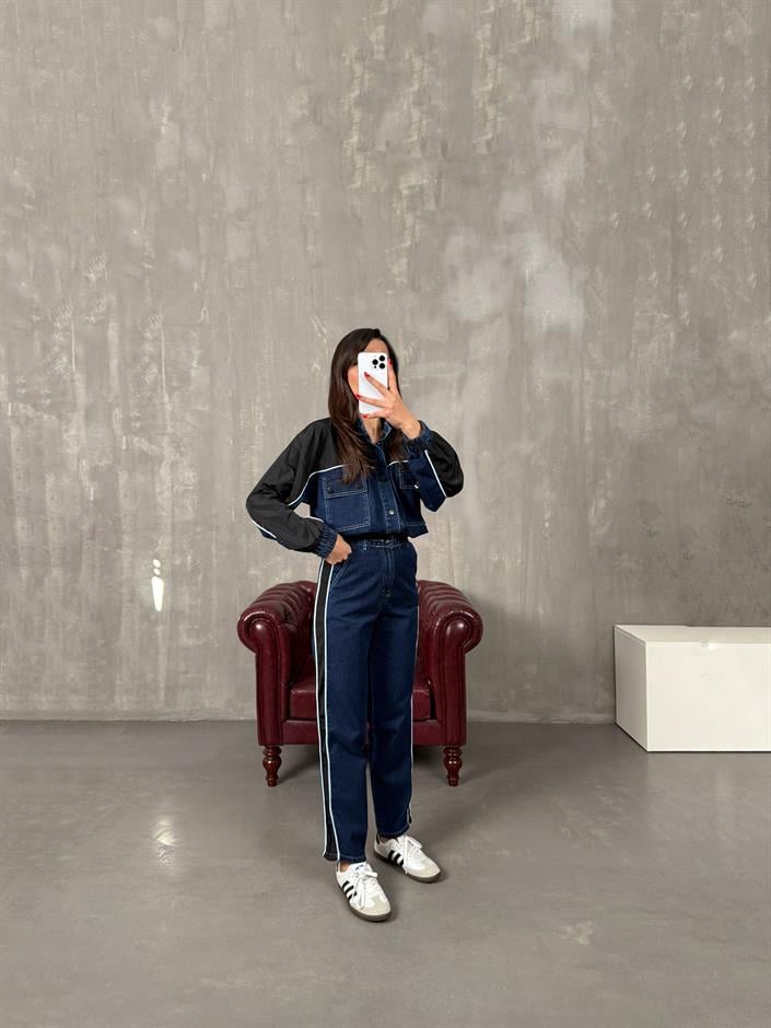 Lotus Koyu Mavi Beli Lastikli Garnili Denim Takım