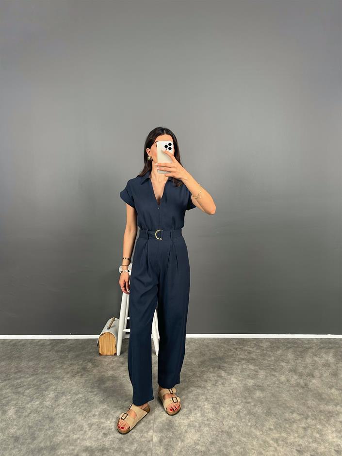 Tatissi Lacivert Kemer Bağlamalı V Yaka Keten Tulum