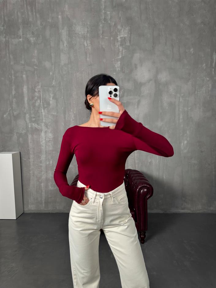 Toffe Bordo Oys Kumaş Geniş Yaka Bluz