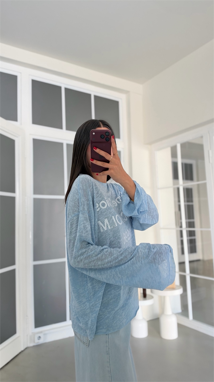Mavi Yazı Baskılı Oversize Tshirt GAUS-02243