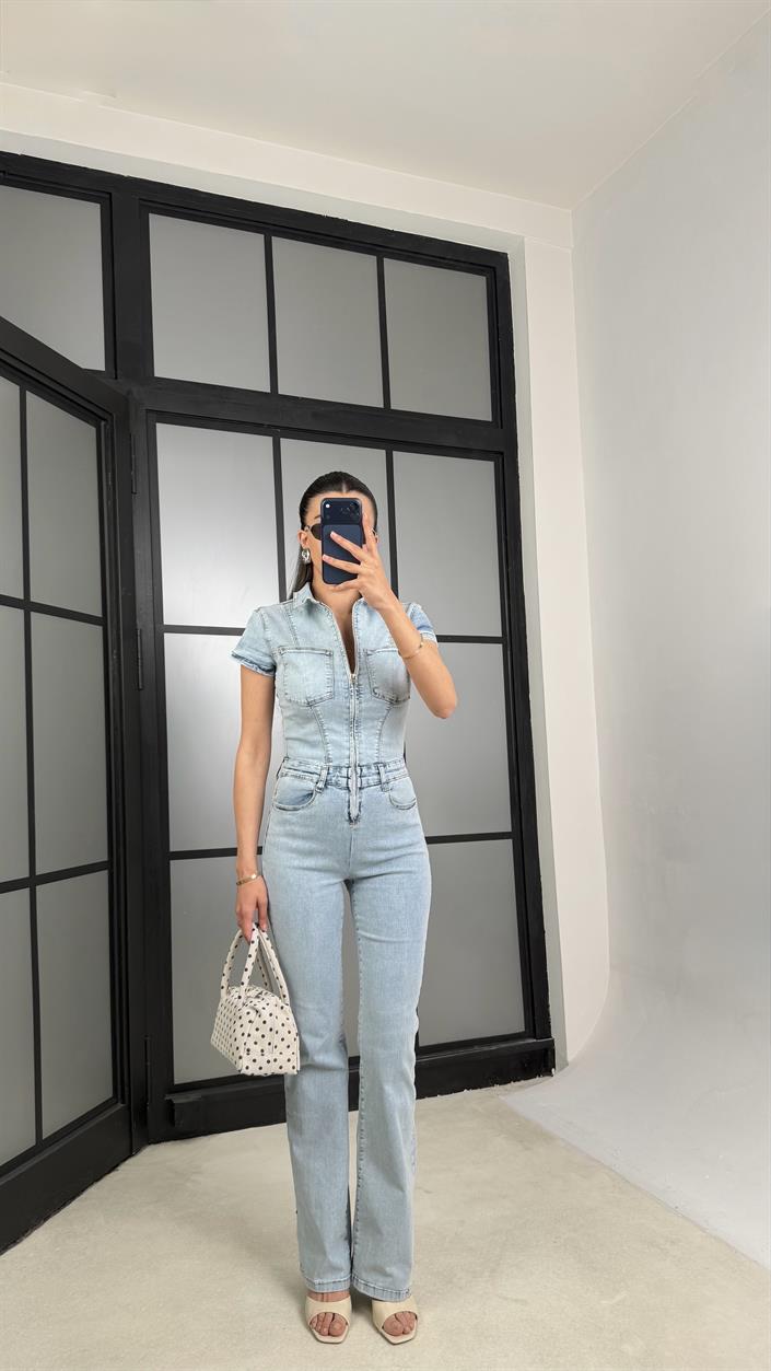 Açık Mavi İspanyol Paça Likralı Denim Tulum GAUS-01466