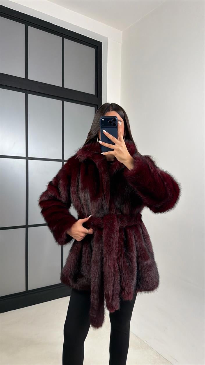 Bordo Astarlı Kuşaklı Premium Kürk GAUS-00649
