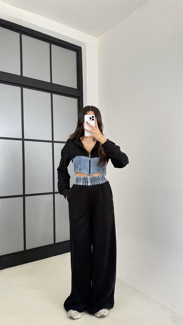 Siyah Denim Detaylı Kapüşonlu Hırka Beli Lastikli Pantolon Tasarım Takım GAUS-00444