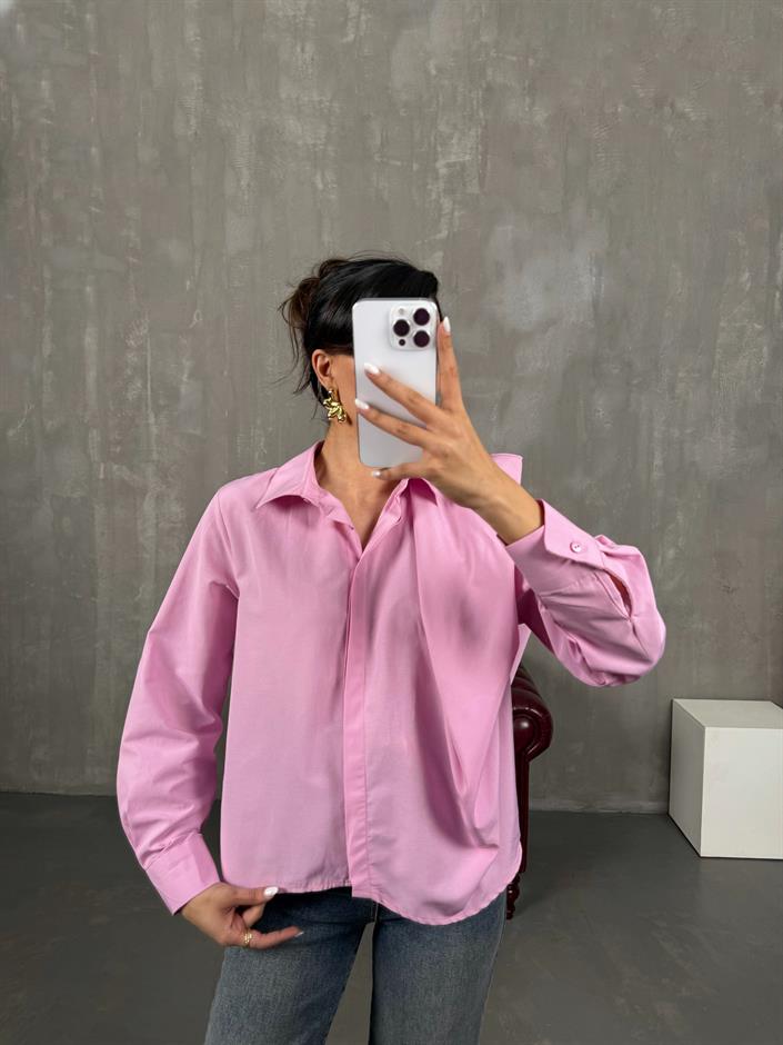 Pembe Tek Omuz Vatka Görünümlü Tasarım Gömlek Gaus00036