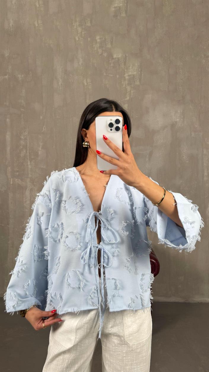 Mavi Zenit Püskül Detaylı Bağlamalı Keten  Gömlek GAUS-01147