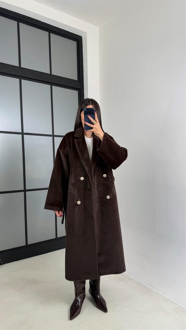 Kahve Astarlı Kuşaklı Premium Peluş Kaban GAUS-00565