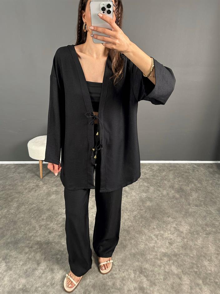 Gai Siyah Kimono Keten Takım