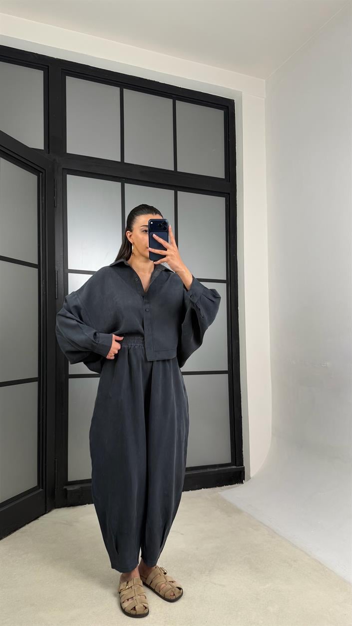 Füme MD Muadil Gömlek Beli Lastikli Şalvar Pantolon Tencel Takım GAUS-01500