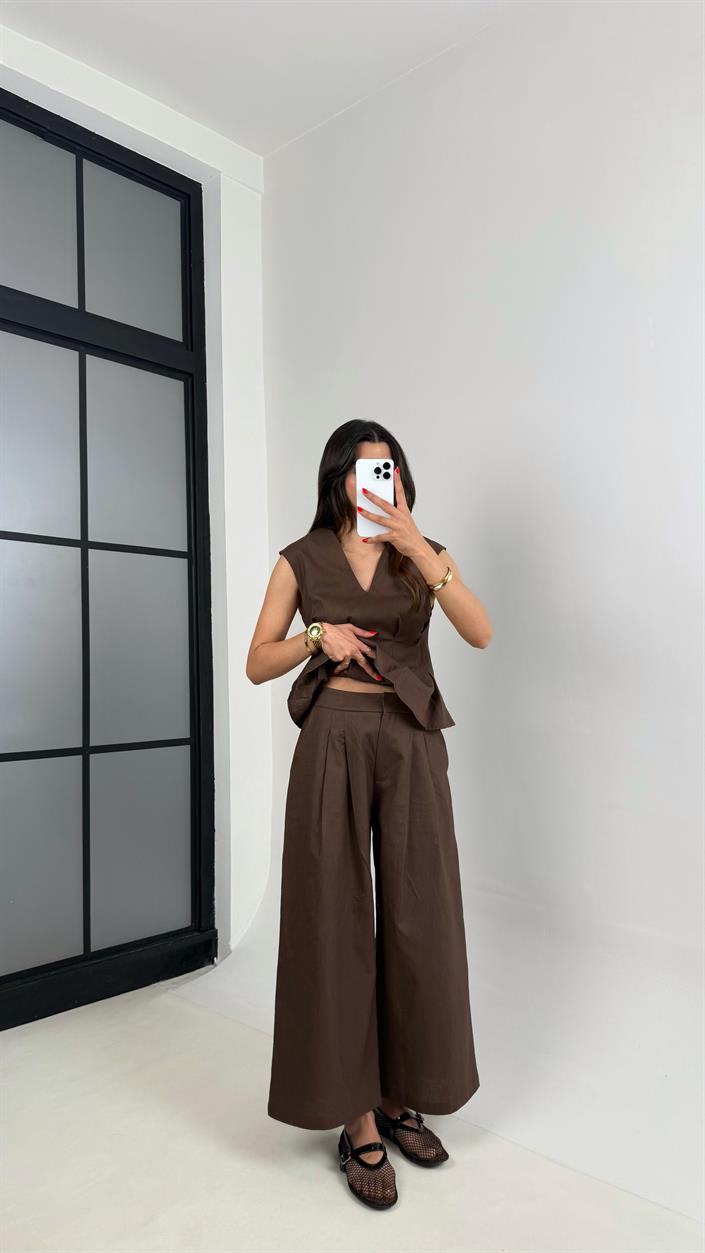 Acı Kahve V Yaka Bluz Cepli Pantolon % 100 Ham Keten Takım Gaus00483 