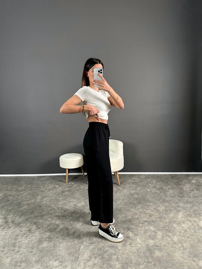 Premium Siyah Tensel Bilekte Bol Paça Pantolon 