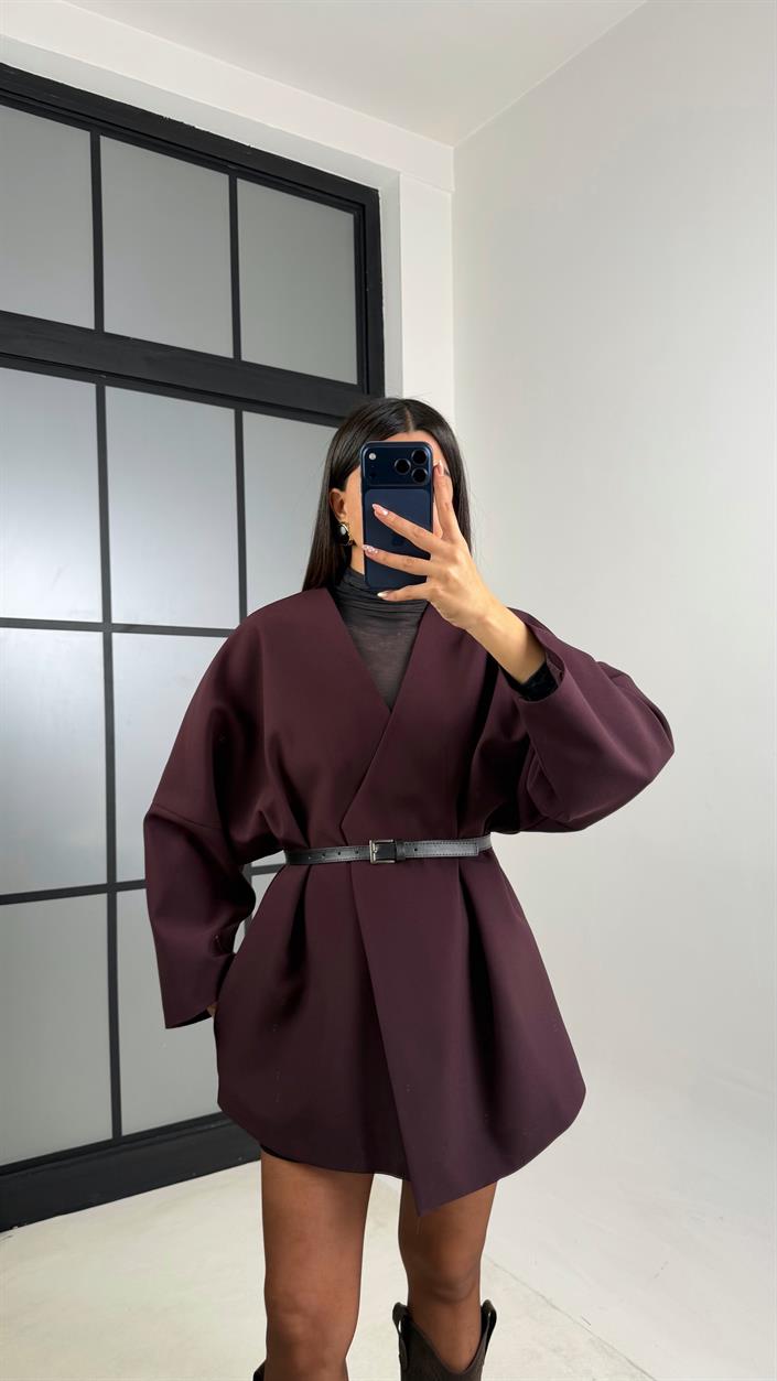 Mürdüm Kemerli Astarlı Cepli Premium Ceket GAUS-00818