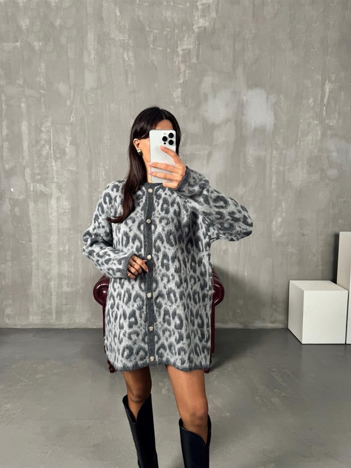 Wud Gri Leopar Desenli Hırka