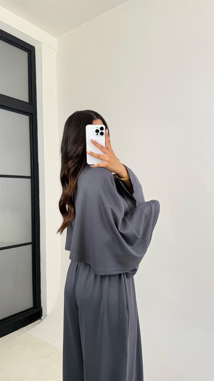 Antrasit Yarasa Kol Crop Beli Lastikli Pantolon OYS Muadil Modal Takım GAUS-0080