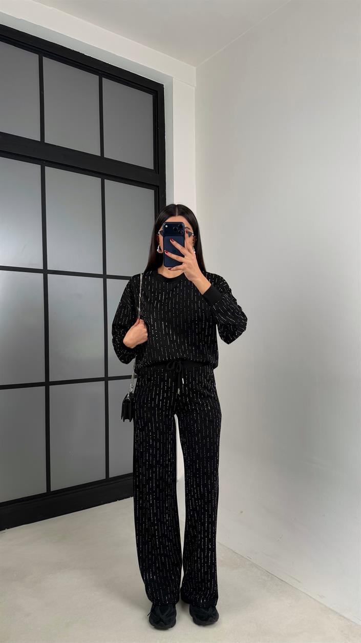 Siyah Kazak Beli Lastikli Pantolon Taş Detaylı Tasarım İkili Modal Takım GAUS-00674