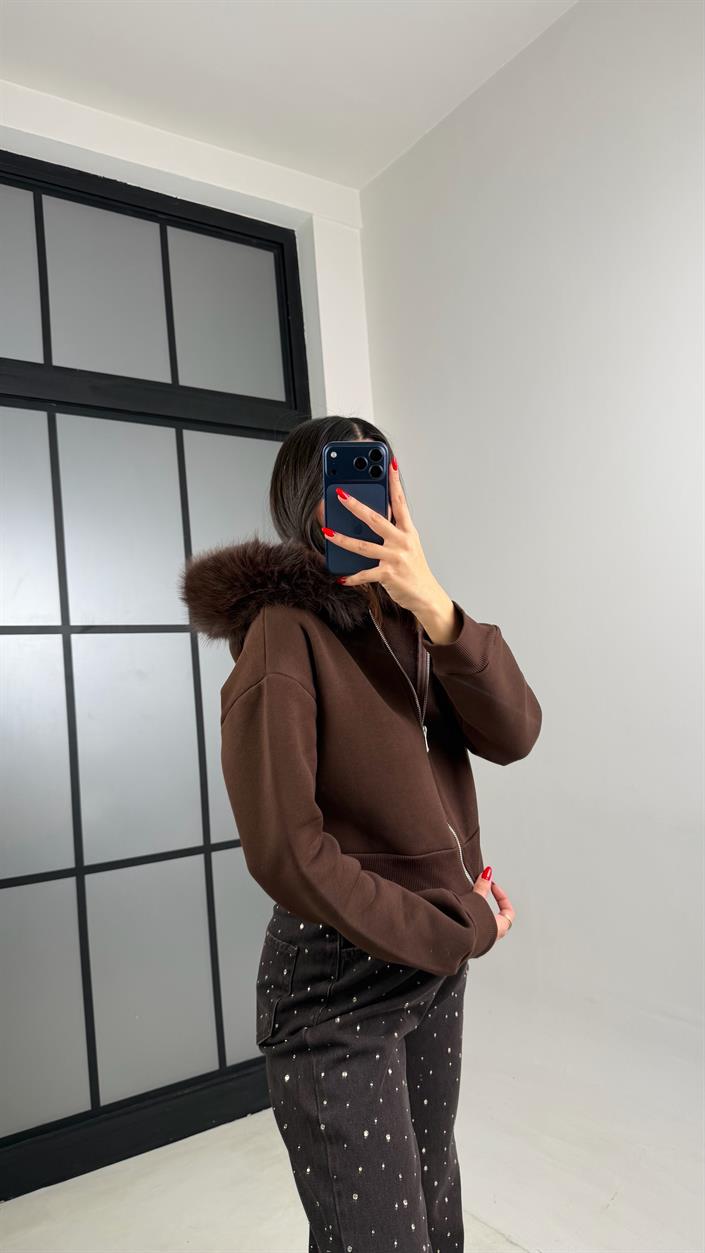 Kahve Kürk Yakalı Şardonlu Premium Sweatshirt GAUS-00959