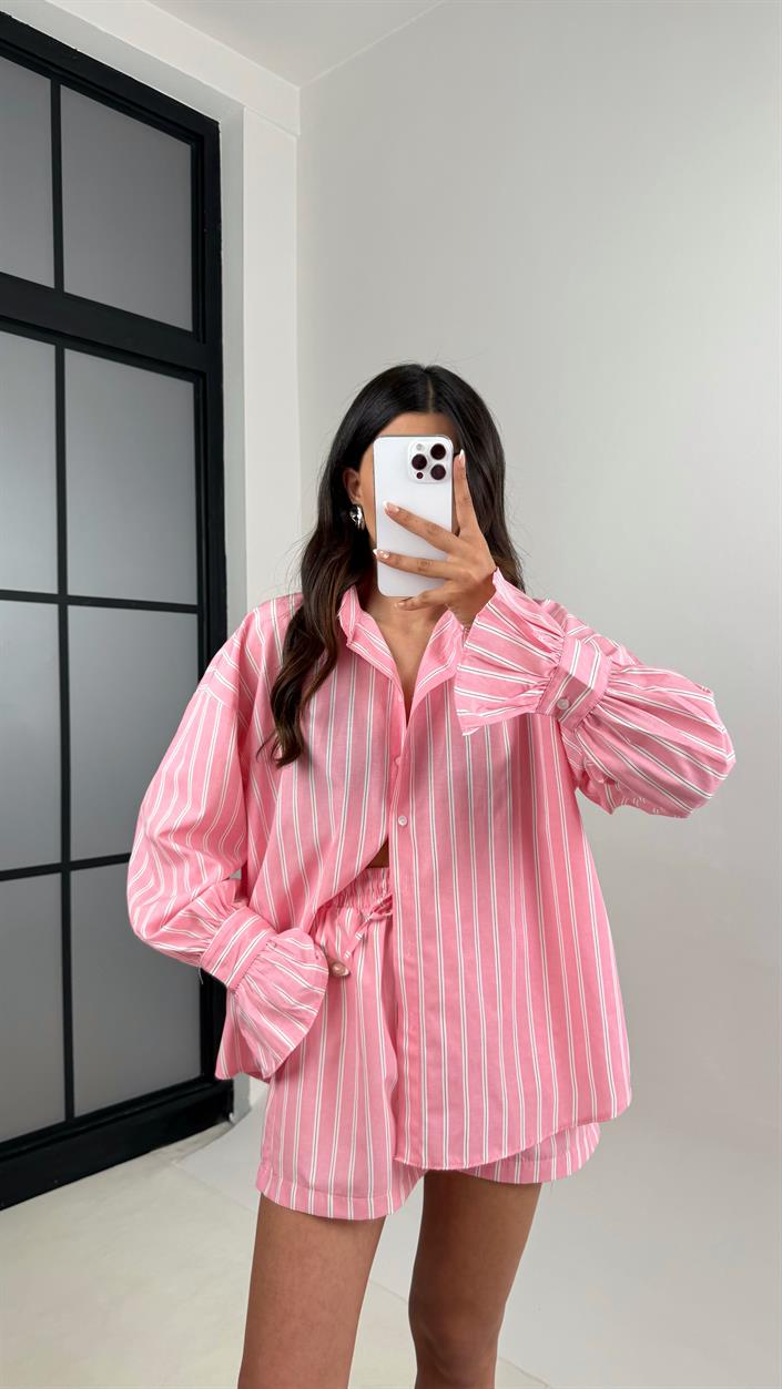 Pembe Çizgili Kol Bağlamalı Gömlek Beli Lastikli Şort İkili Takım Gaus00528