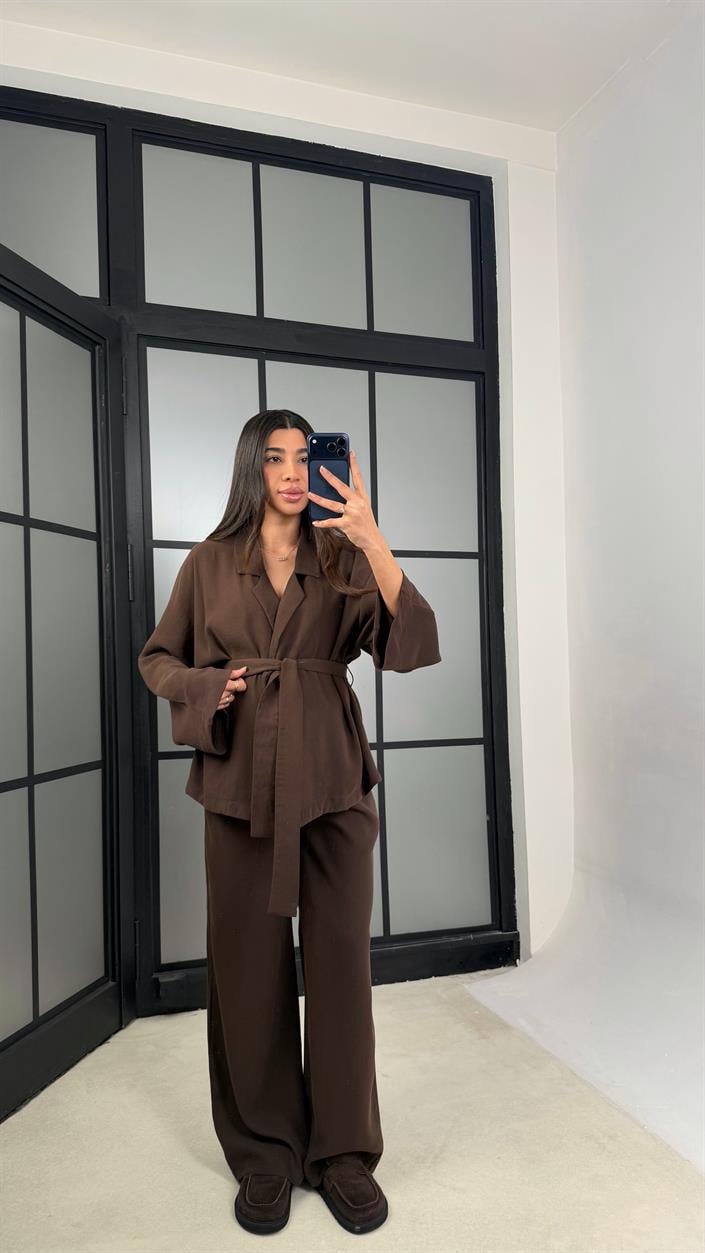 Acı Kahve Kuşaklı Ceket Beli Lastikli Pantolon Tencel Takım GAUS-01128