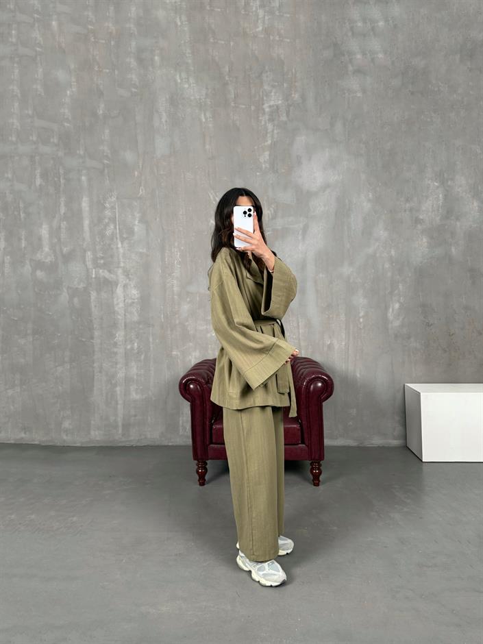 Sansa Haki Kuşaklı Keten Kimono Takım