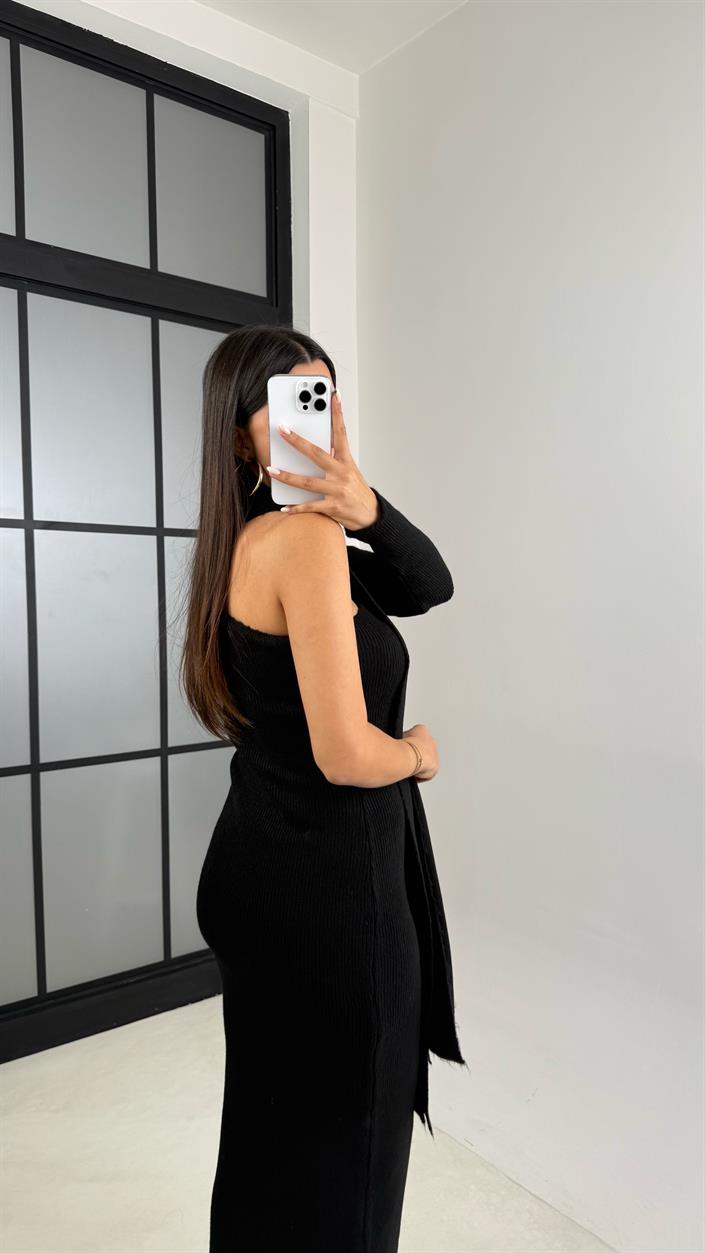 Siyah Tek Omuz Atkılı Triko Elbise GAUS-00223