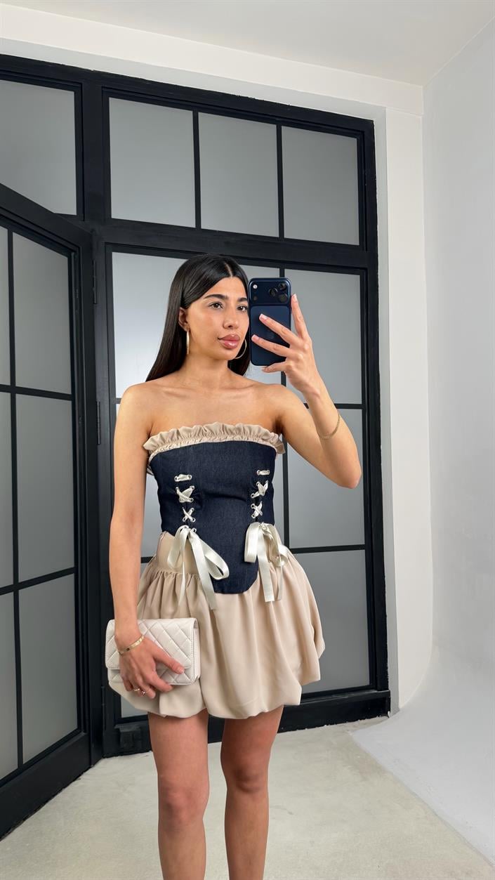 Lacivert Denim Korse Şortlu Balon Etek Takım GAUS-01433