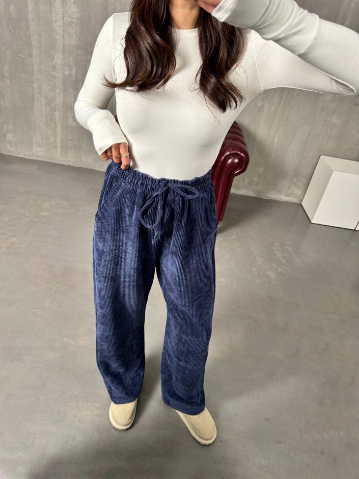 Mexa Lacivert Beli Lastikli Kadife Eşofman Altı