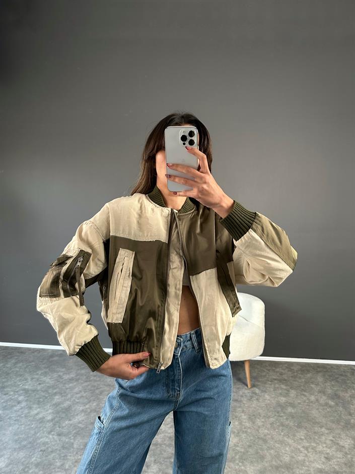 Yeşil Krem Blok Renk Bomber Ceket 