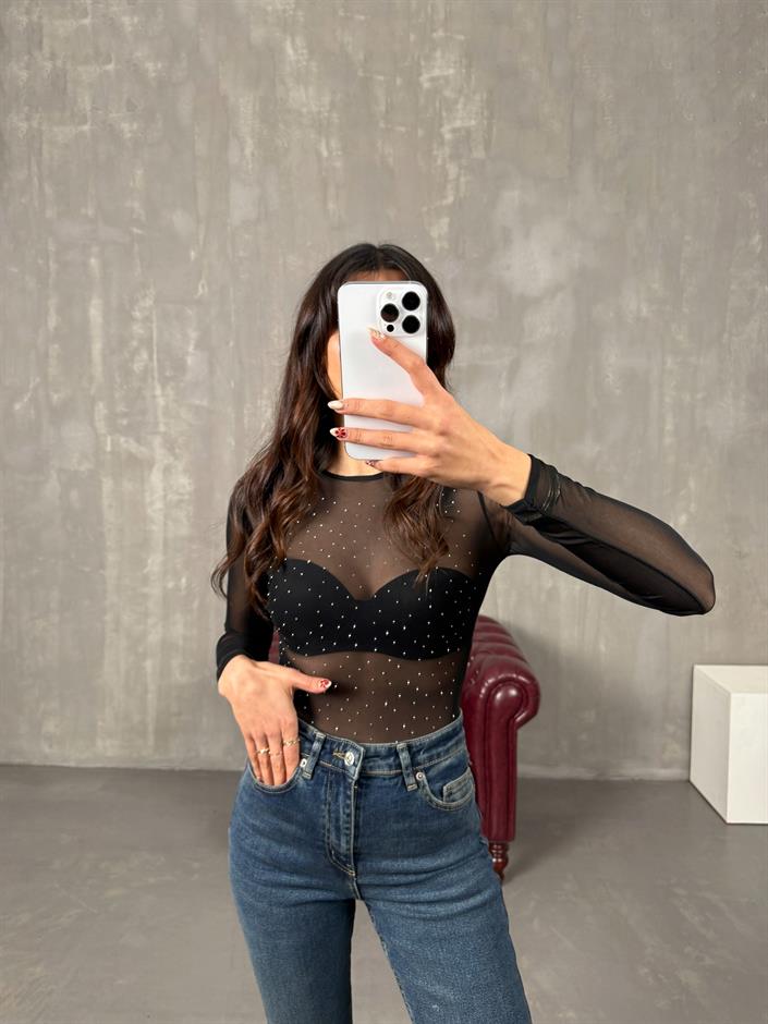 Reyya Gümüş Taşlı Transparan Bodysuit 