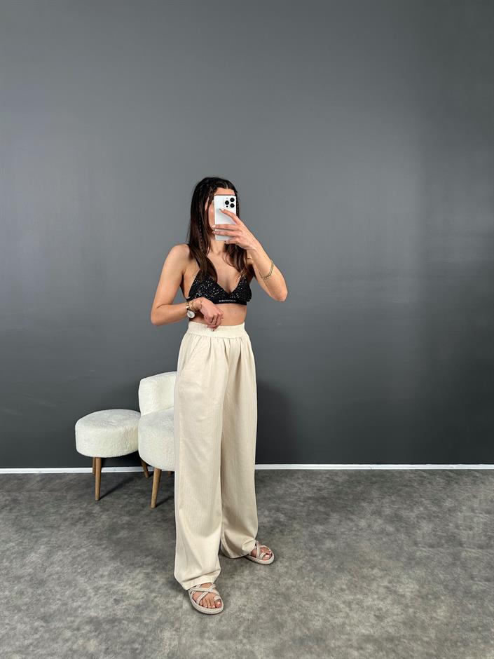 Gabardin Beli Lastikli Palazzo Pantolon 