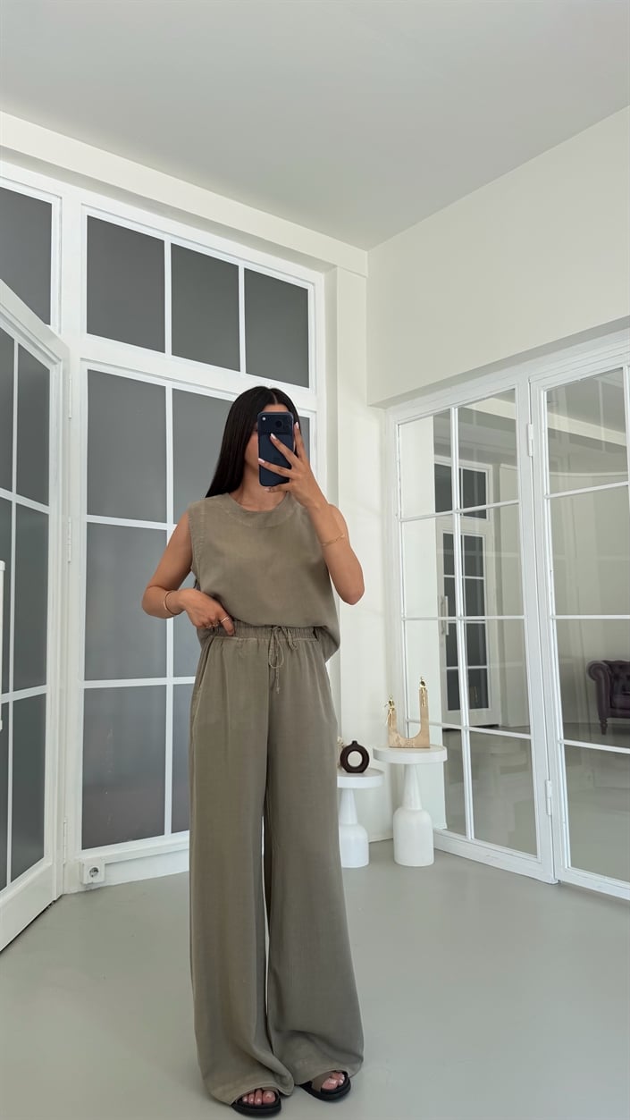 Haki Bluz Beli Lastikli Pantolon Yıkamalı Tencel Takım GAUS-01795