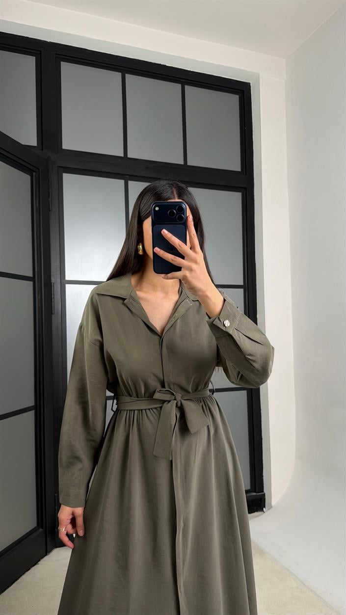 Haki Beli Lastikli Kuşaklı Tencel Elbise GAUS-01286