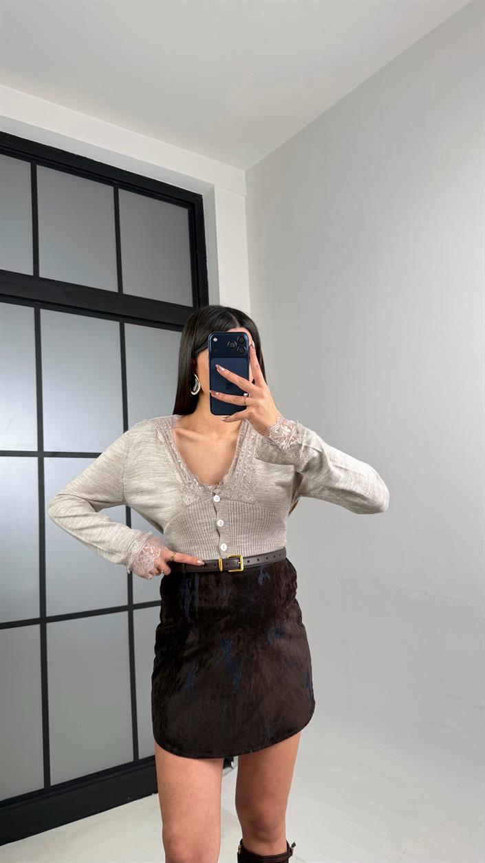 Acı Kahve Kadife Desenli Etek GAUS-01121