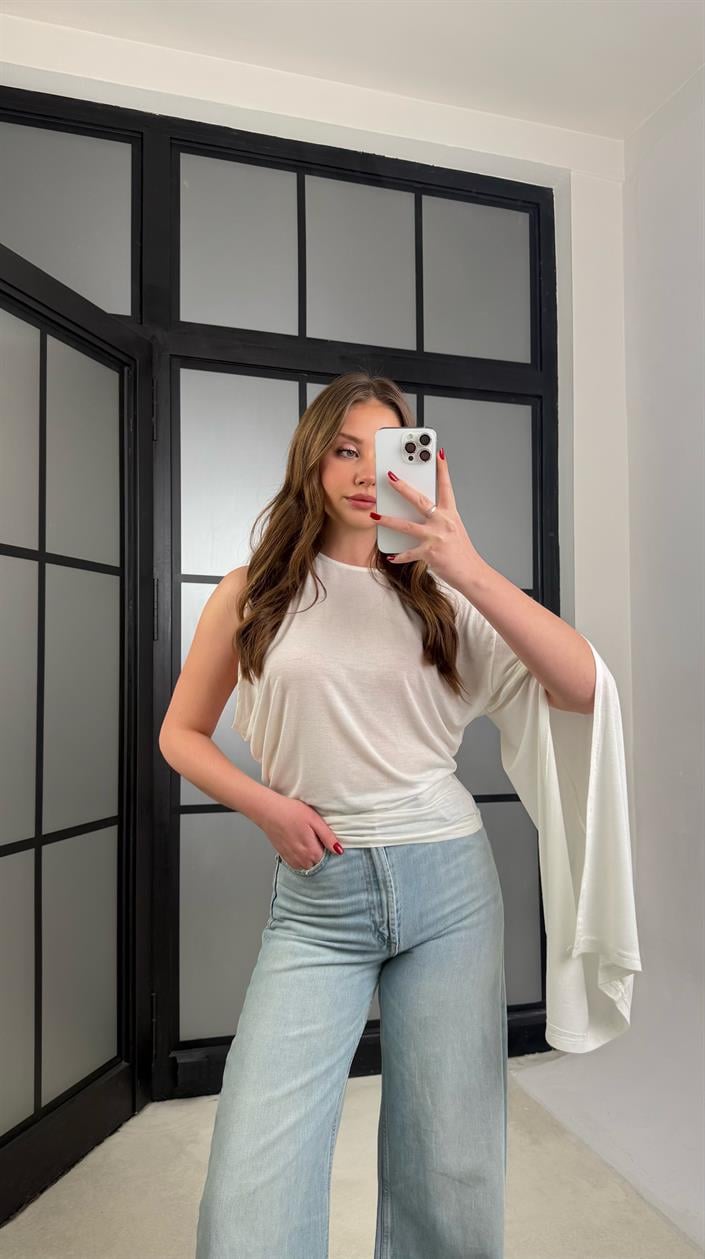 Ekru Tek Omuz Pelerin Bluz GAUS-01276