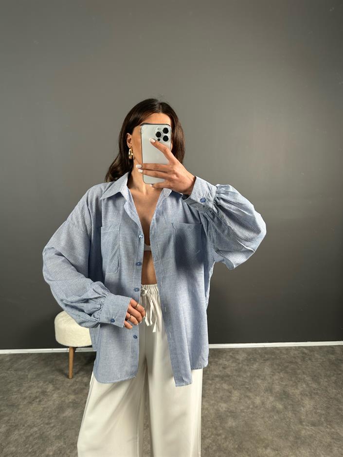 RY İnci Çizgili Oversize Gömlek 