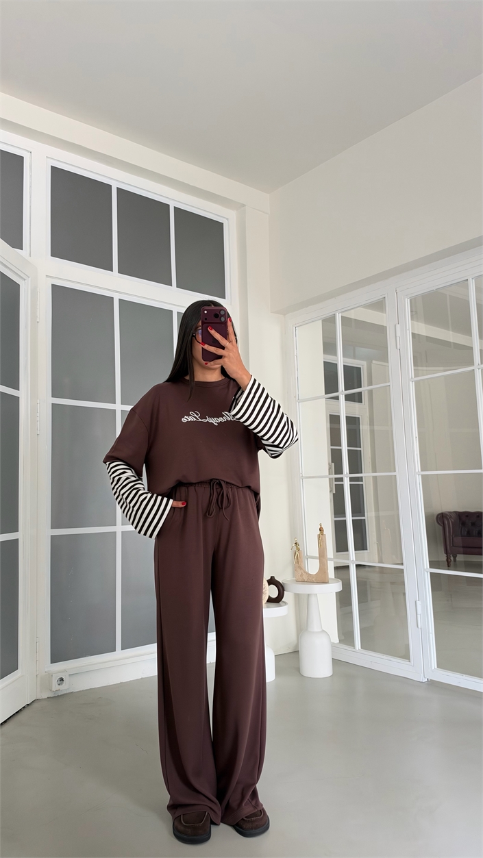 Kahve Kolu Şeritli Tshirt Beli Lastikli Pantolon İkili Modal Takım GAUS-02227