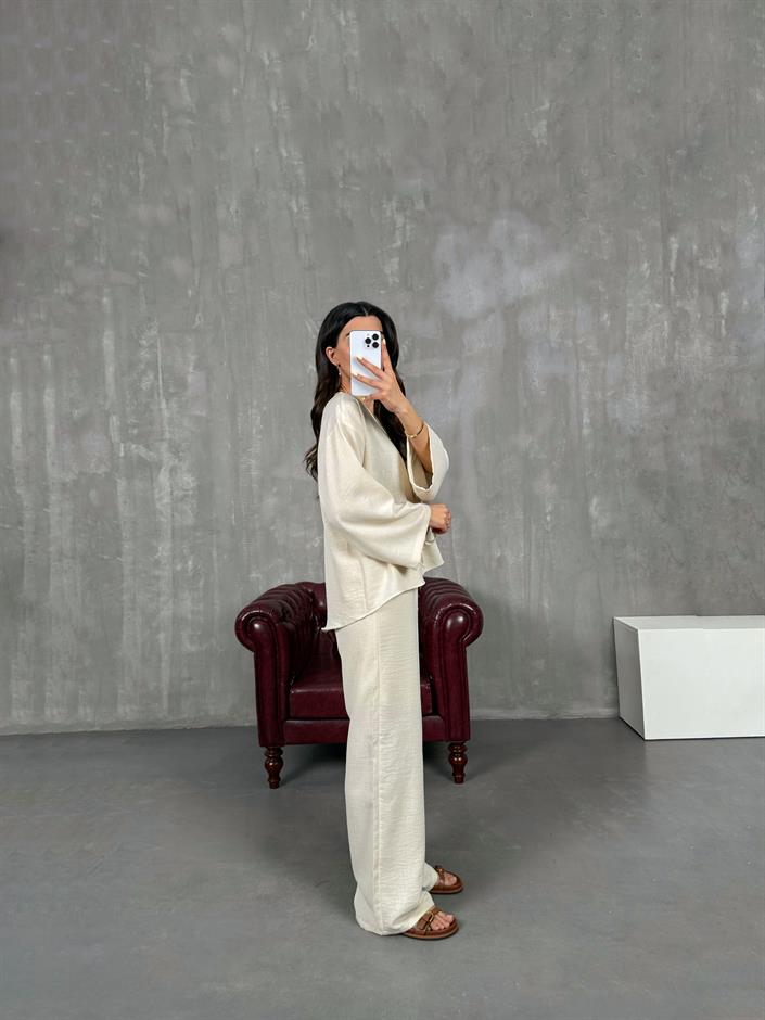 Taş Önden Bağlamalı Keten Kimono Takım Gaus00101