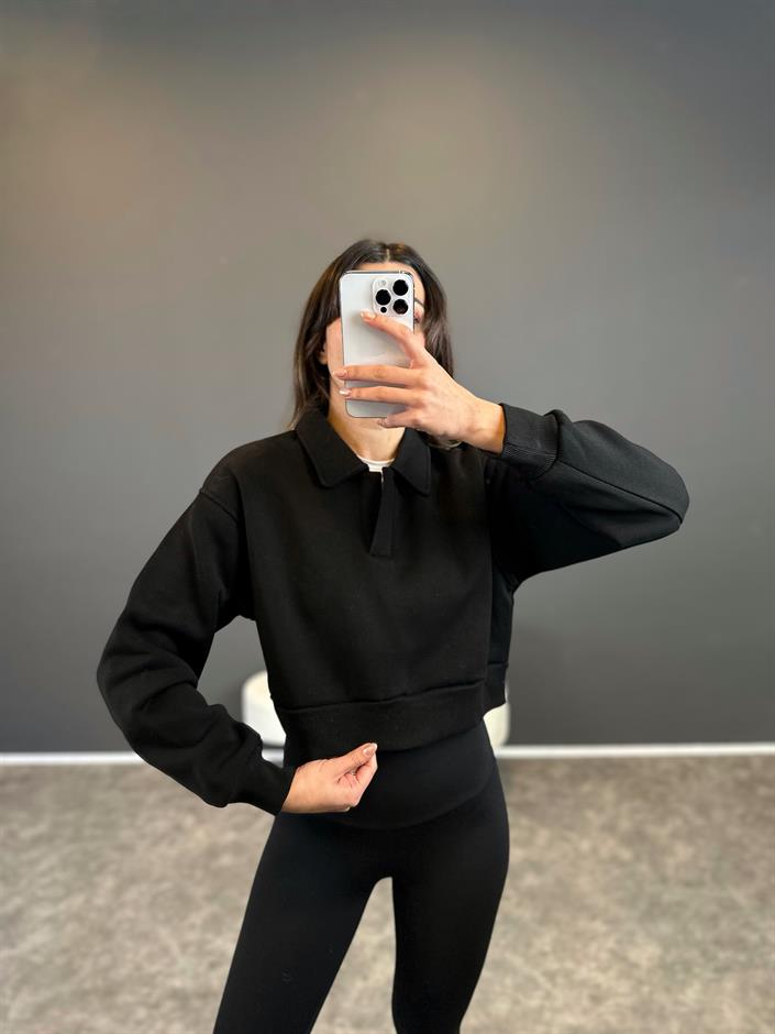 Siyah Polo Yaka Şardonlu Sweatshirt 