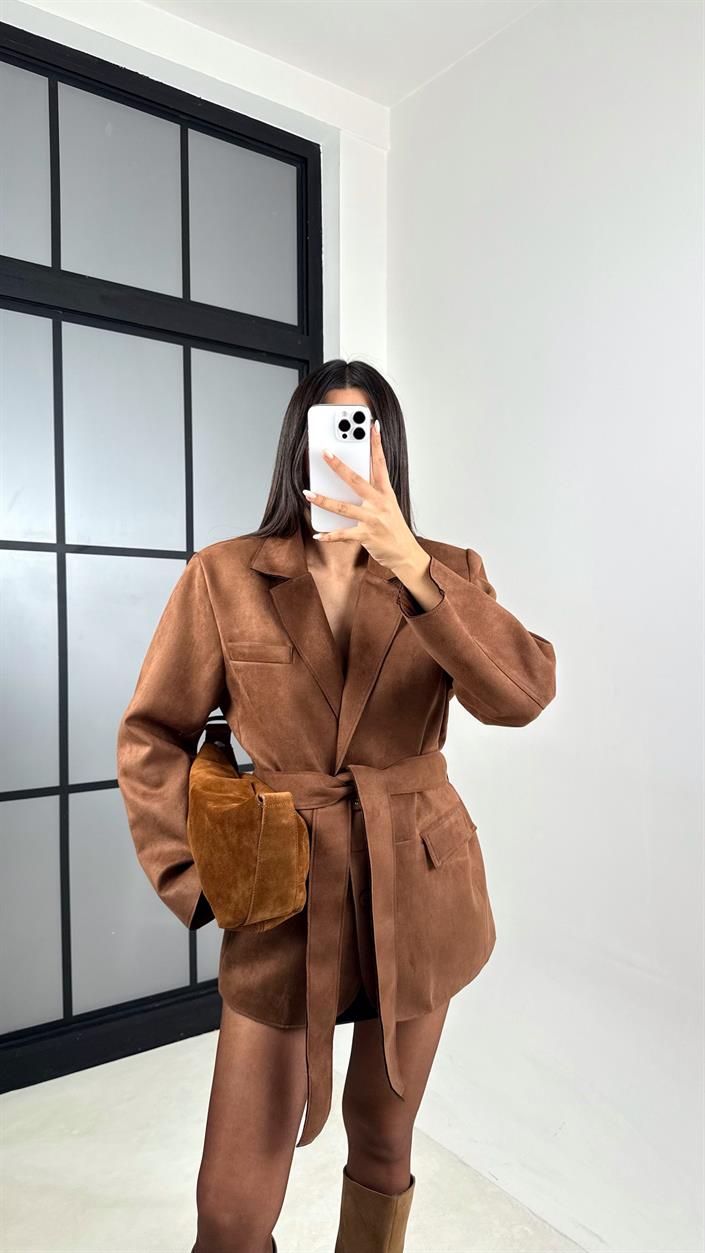 Camel Kuşaklı Vatkalı Astarlı Tasarım Süet Ceket GAUS-00568