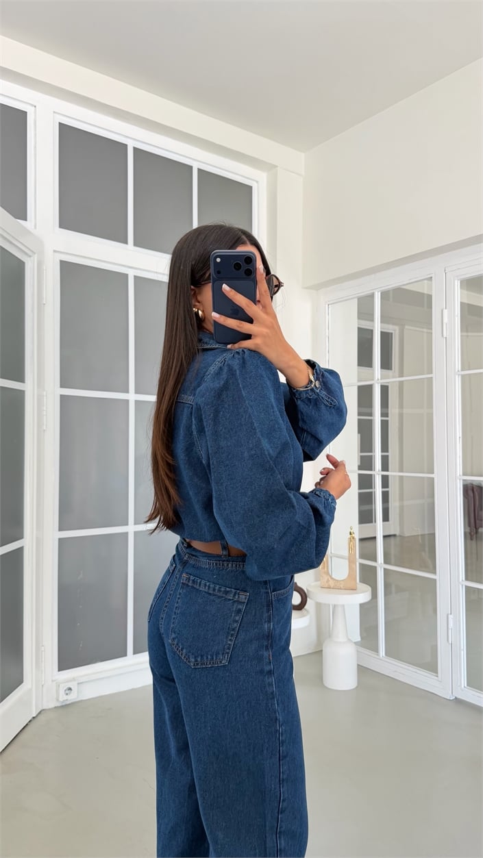 Koyu Mavi Kemerli Premium Denim Tulum GAUS-02123